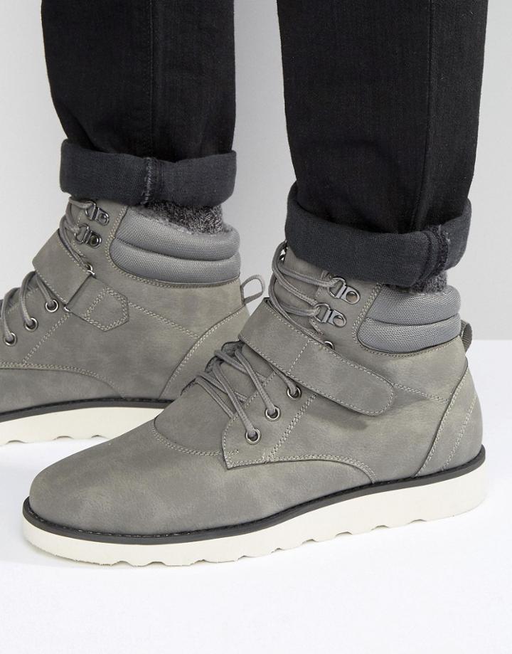 Brave Soul Lace Up Boots With Sherpa Lining Gray - Gray
