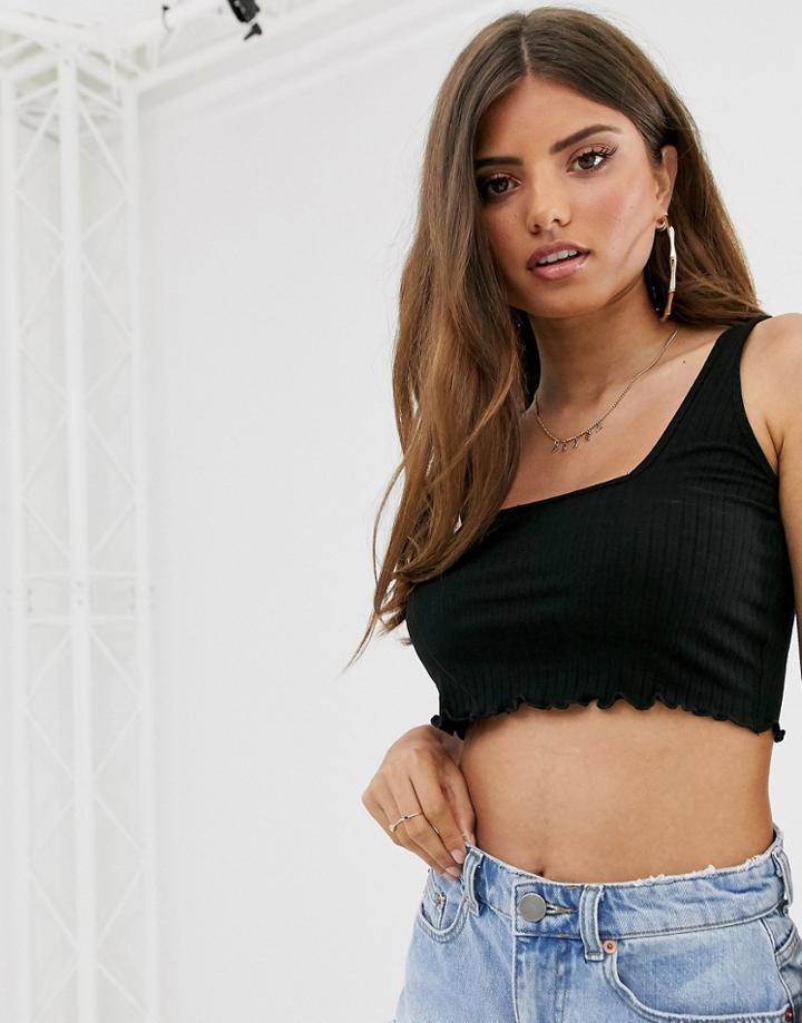Asos Design Fuller Bust Crop Cami With Square Neck And Lettuce Hem In Black - Black