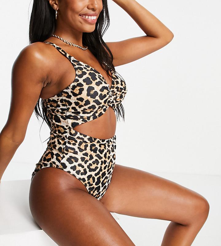 Ivory Rose Fuller Bust Cut Out Swimsuit In Leopard Animal Print Dd G-multi