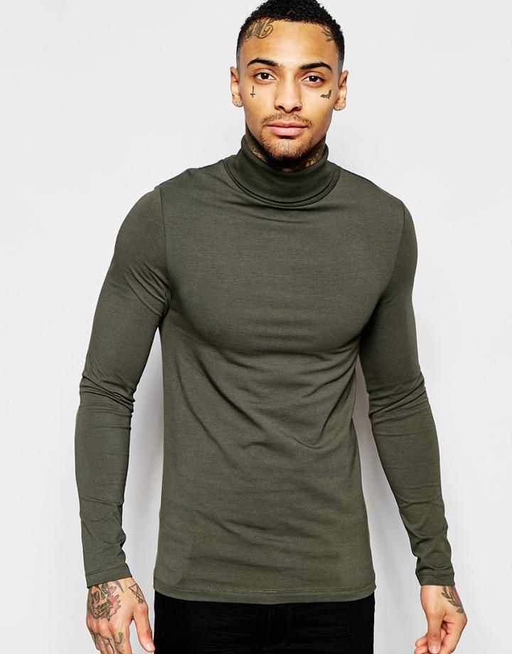 Asos Extreme Muscle Long Sleeve T-shirt With Roll Neck In Green - Green