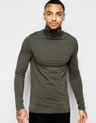 Asos Extreme Muscle Long Sleeve T-shirt With Roll Neck In Green - Green