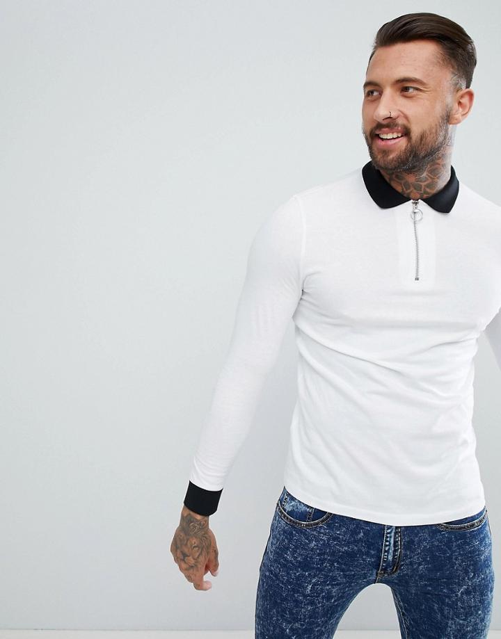 Asos Design Long Sleeve Polo With Contrast Collar And Zip - Multi