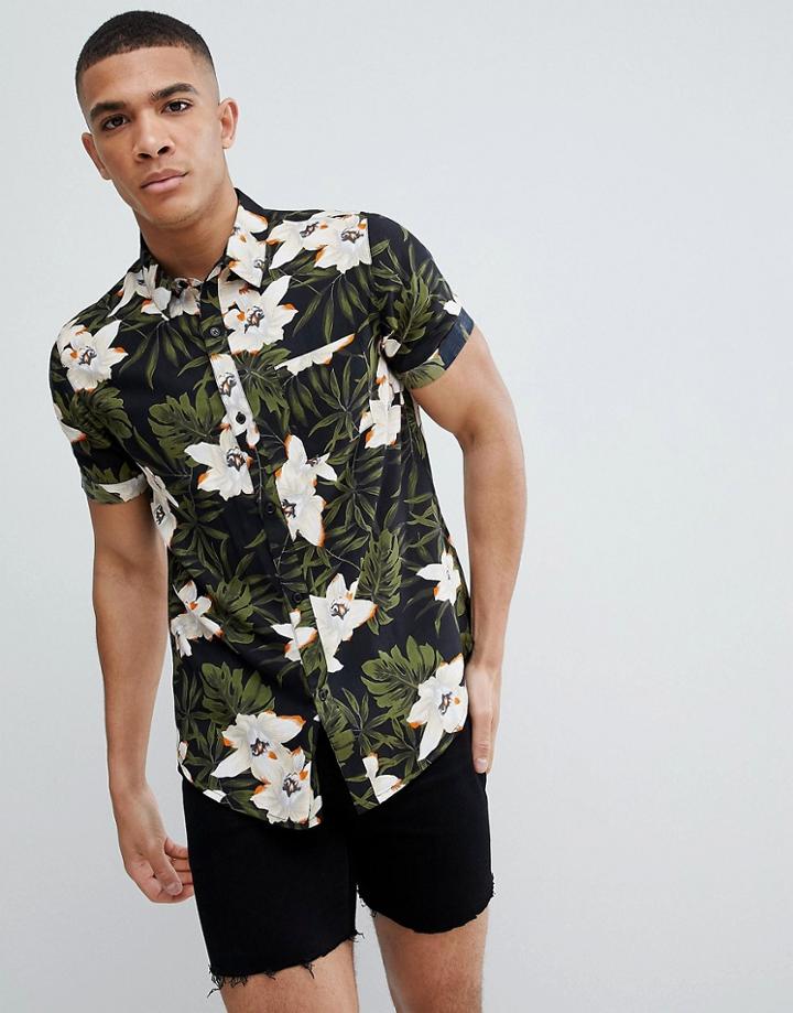 Another Influence Dark Floral Short Sleeve Boxy Shirt - Black