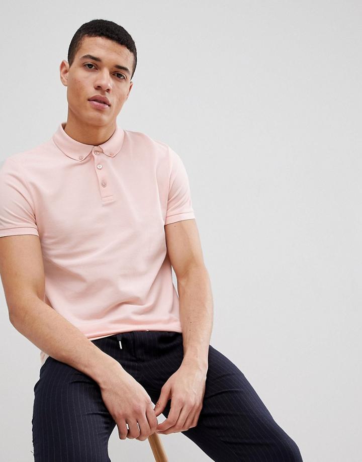 Asos Design Polo With Button Down Collar In Pique - Pink