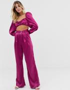 In The Style Satin Wide Leg Pants With Belt In Raspberry - Red