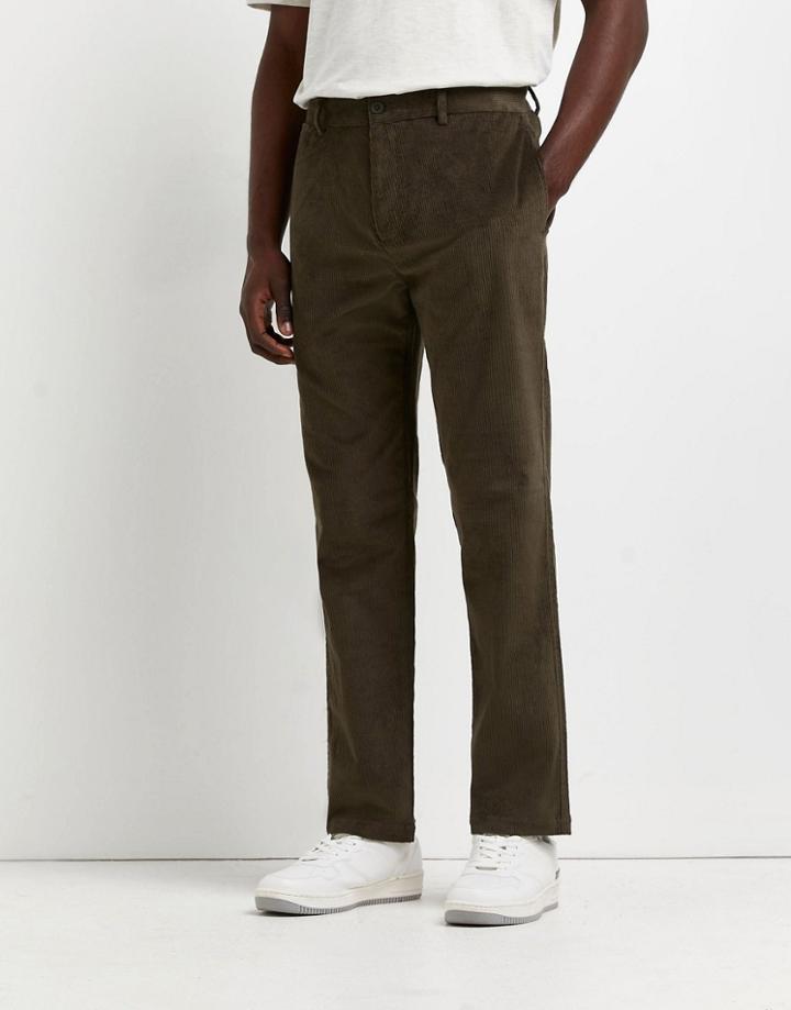 River Island Relaxed Cord Pants In Khaki-green