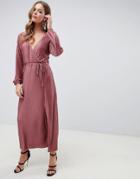 Asos Design Chevron Plisse Maxi Dress With Self Belt - Pink