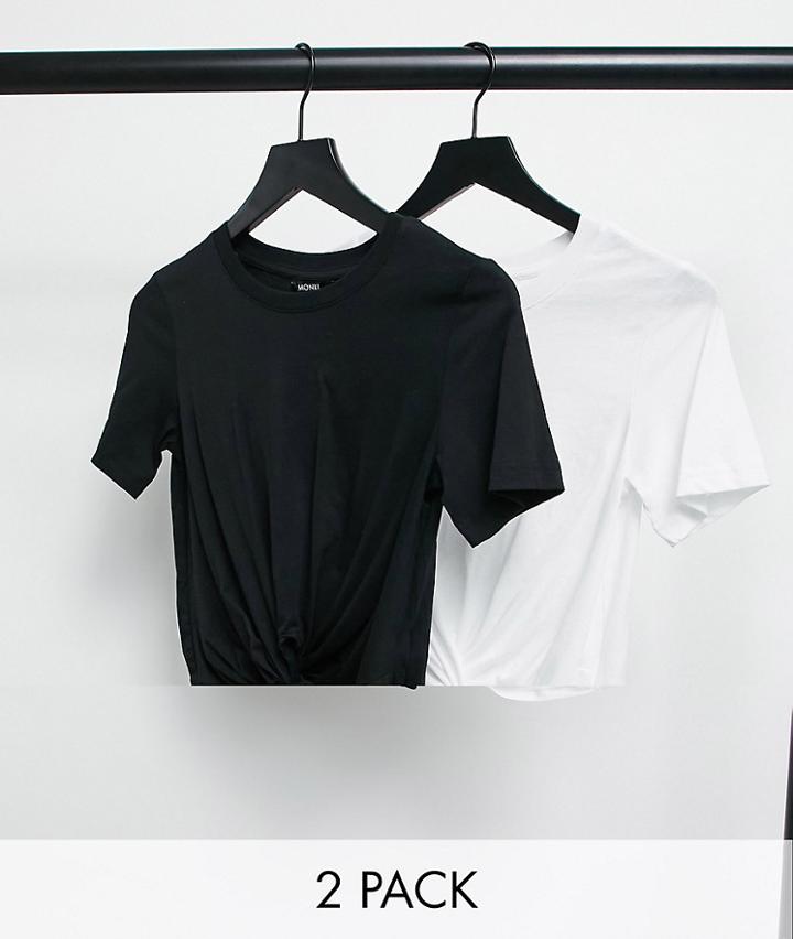 Monki Wilma Organic Cotton 2 Pack Ruched Detail T-shirts In Black And White-multi