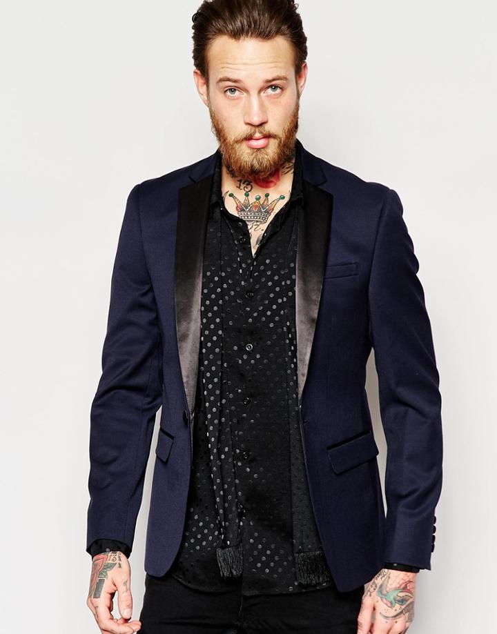 Asos Skinny Tuxedo Suit Jacket In Navy - Navy