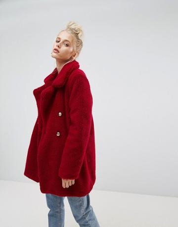 E.l.k Relaxed Shawl Coat In Teddy Faux Fur - Red