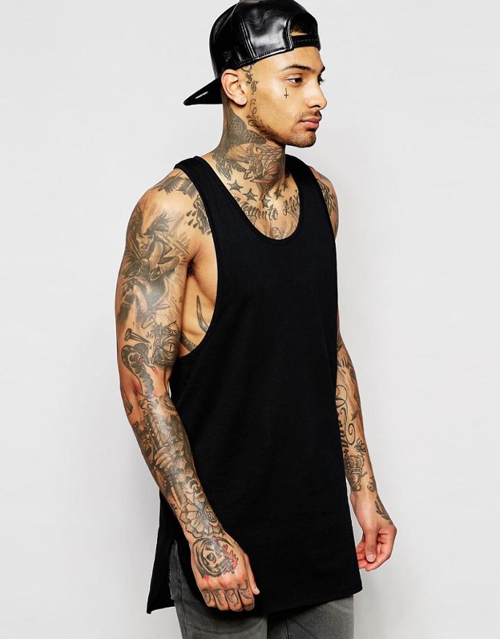 Asos Super Longline Tank With Step Hem And Extreme Racer Back In Black - Black