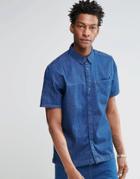 Waven Regular Fit Denim Shirt Josef Short Sleeve Mid Blue Front Seam Pocket - Mid Blue