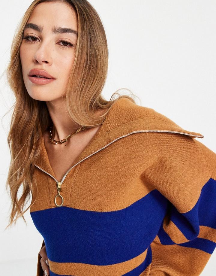Mango Half Zip Sweater In Brown With Blue Contrast Stripes-blues