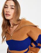Mango Half Zip Sweater In Brown With Blue Contrast Stripes-blues