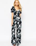 Asos Jumpsuit With Scallop Neck In Floral Print - Black Floral