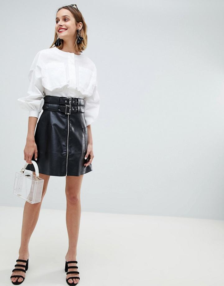 Lost Ink Biker Skirt With Double Buckle And Zip Front In Faux Leather - Black