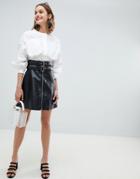 Lost Ink Biker Skirt With Double Buckle And Zip Front In Faux Leather - Black