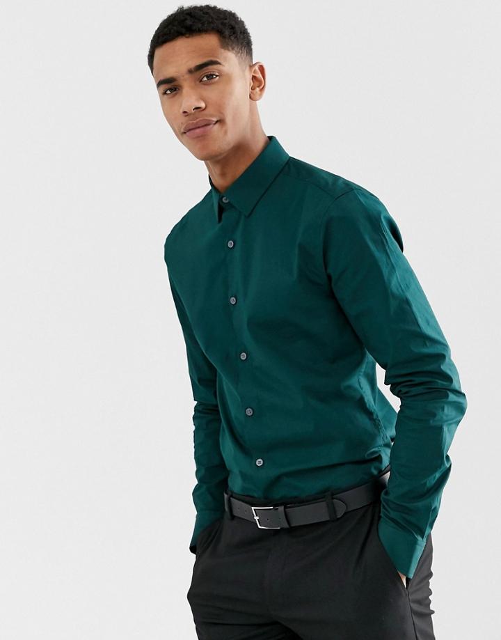 New Look Muscle Fit Poplin Shirt In Green - Green