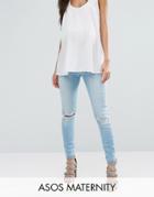 Asos Maternity Ridley Skinny Jeans In Felix Midwash With Busted Knees And Chewed Hems With Under The Bump Waistband - Blue