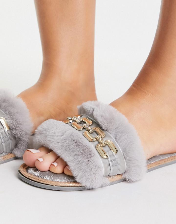 River Island Faux Fur Chain Slipper In Gray-grey