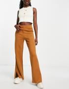 Topshop Knit Clean Fine Gauge Wide Leg Pants In Camel-neutral