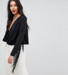 Asos Tall Plunge Batwing Top With Fringe Sleeve - Black