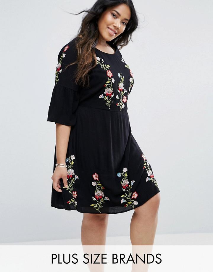 Junarose Prairie Embroidered Skater Dress - Black