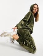 Moda Minx Velour Oversized Longline Hoodie And Wide Leg Sweatpants Set In Khaki-green