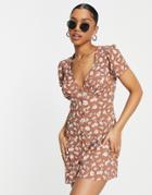 Asos Design Bubble Crepe Cap Sleeve Tea Button Front Romper In Brown Daisy