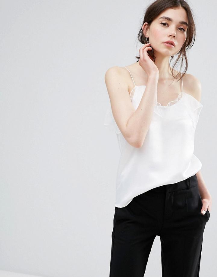 Plain Studios Luxe Cami Top With Organza Ruffle - White