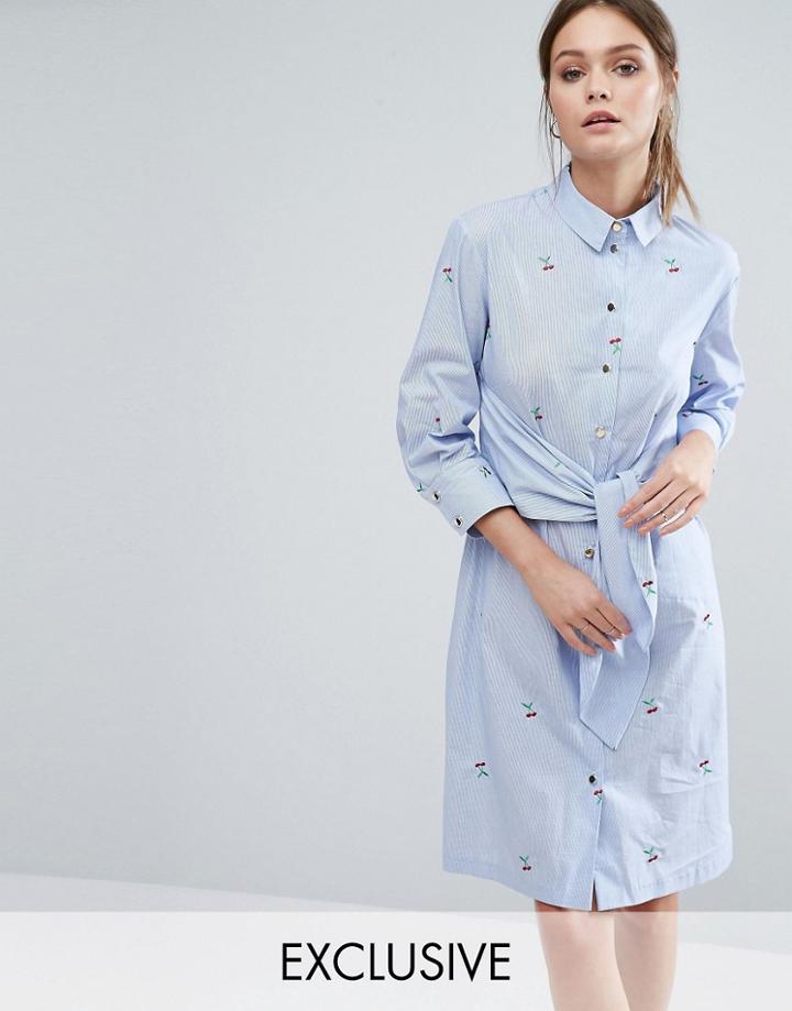 Closet London Long Sleeve Tie Front Shirt Dress With Cherry Embroidery - Blue