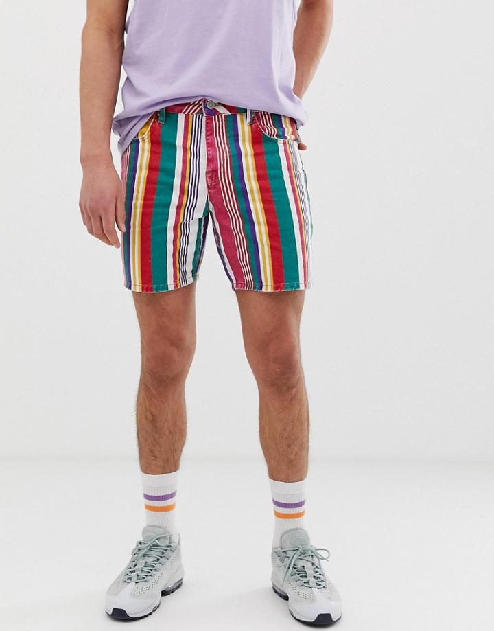 Asos Design Denim Short In Shorter Length Multi Colored Stripes - Red