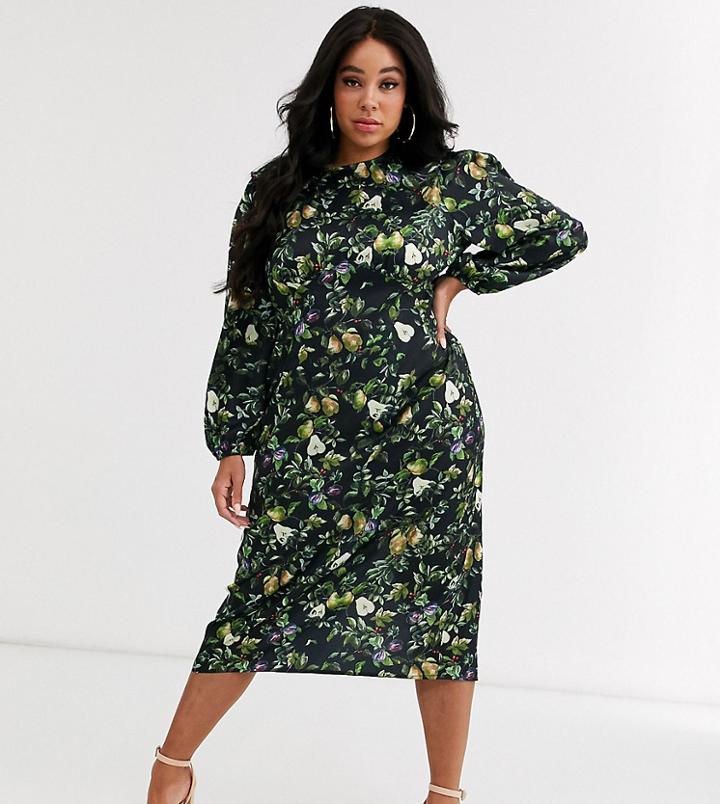 Never Fully Dressed Plus Sheer Long Sleeve Midi Dress In Contrast Pear Print-multi