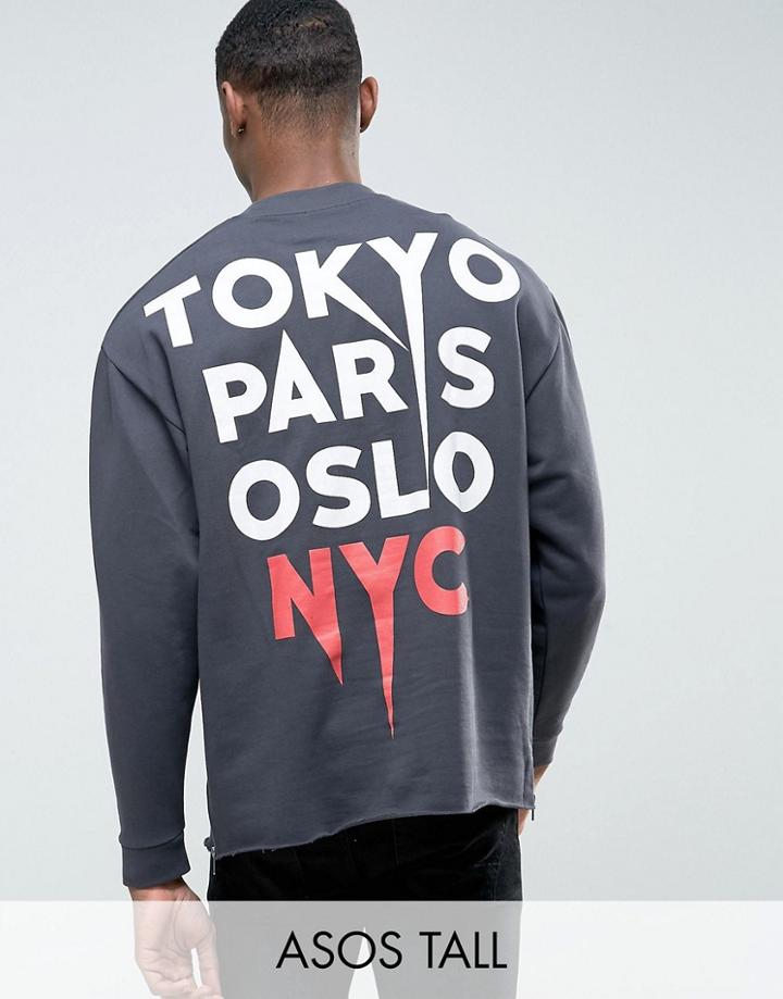 Asos Tall Oversized Sweatshirt With Back Print & Side Zips - Black