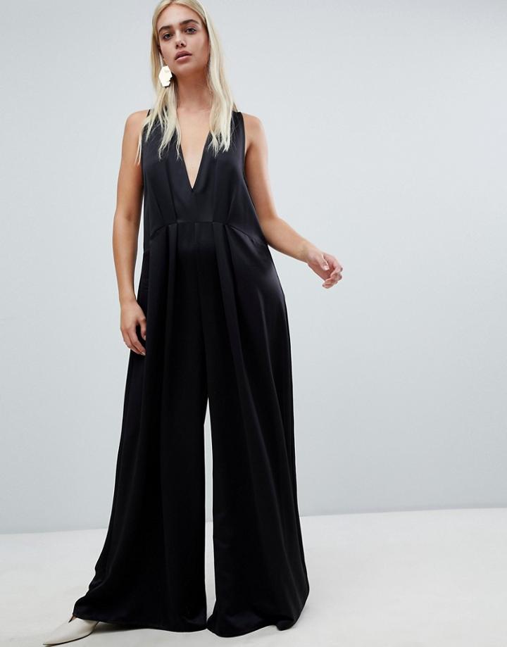 Asos Design Minimal Jumpsuit With Plunge & Wide Leg - Black