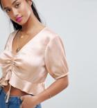 Fashion Union Petite Tea Blouse With Balloon Sleeves In Satin - Beige