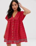 Influence Button Through Smock Dress In Border Print - Red