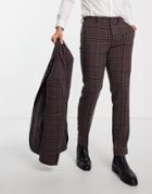Asos Design Slim Wool Mix Suit Pants In Brown And Dark Teal Large Dogtooth Plaid-orange