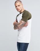 Asos Longline Muscle T-shirt With Contrast Raglan Sleeves In Off-white/green - White