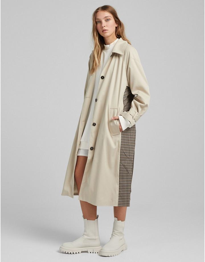 Bershka Back Detail Trench Coat With Check Contrast Detail In Ecru-white