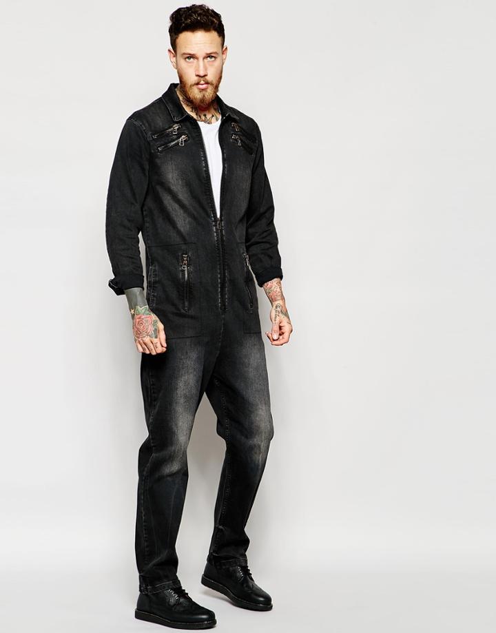 Asos Denim Boiler Suit With Zip Details - Washed Black