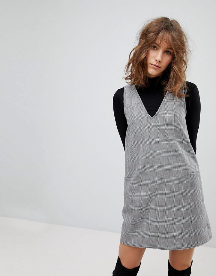 Stradivarius Check V Neck Shift Dress - Gray