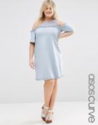 Asos Curve Swing Dress With Cold Shoulder And Crochet Detail - Blue