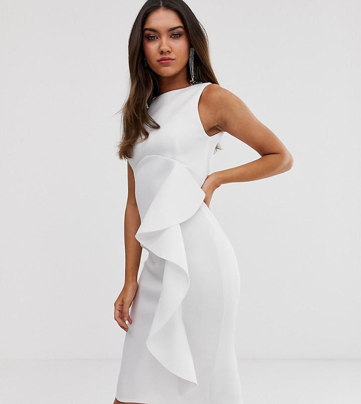 True Violet Side Frill Midi Bodycon Dress In Ivory-cream