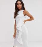 True Violet Side Frill Midi Bodycon Dress In Ivory-cream