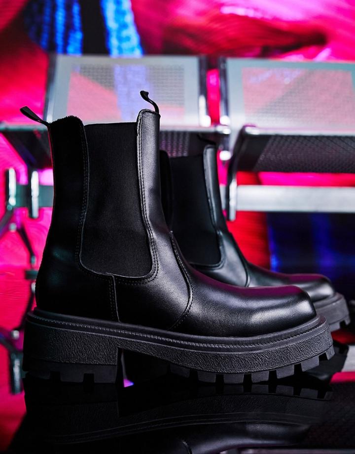 Asos Design Super Chunky Square Toe Chelsea Boot In Black Faux Leather