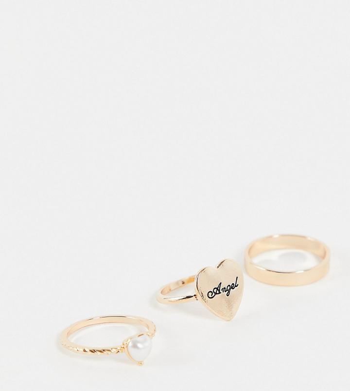 Reclaimed Vintage Inspired 3 Ring Pack With Angel Ring In Gold