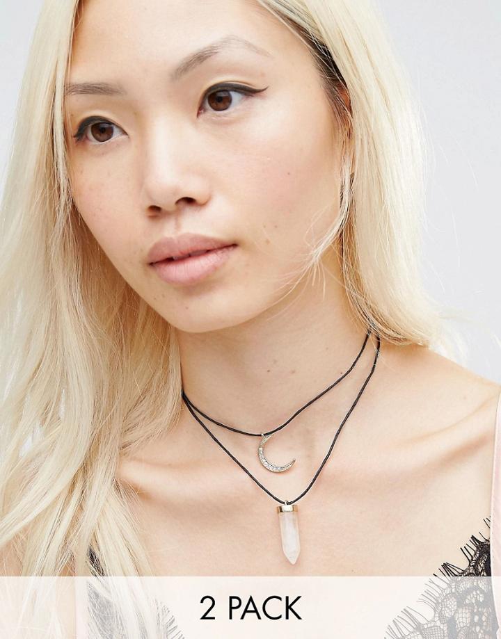 Ashiana Crescent And Stone Double Layer Choker Necklace - Black