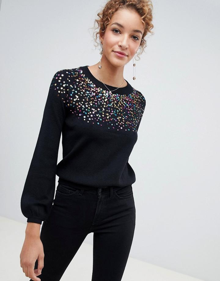 Wild Flower Multicolor Scatter Sequin Sweater - Black