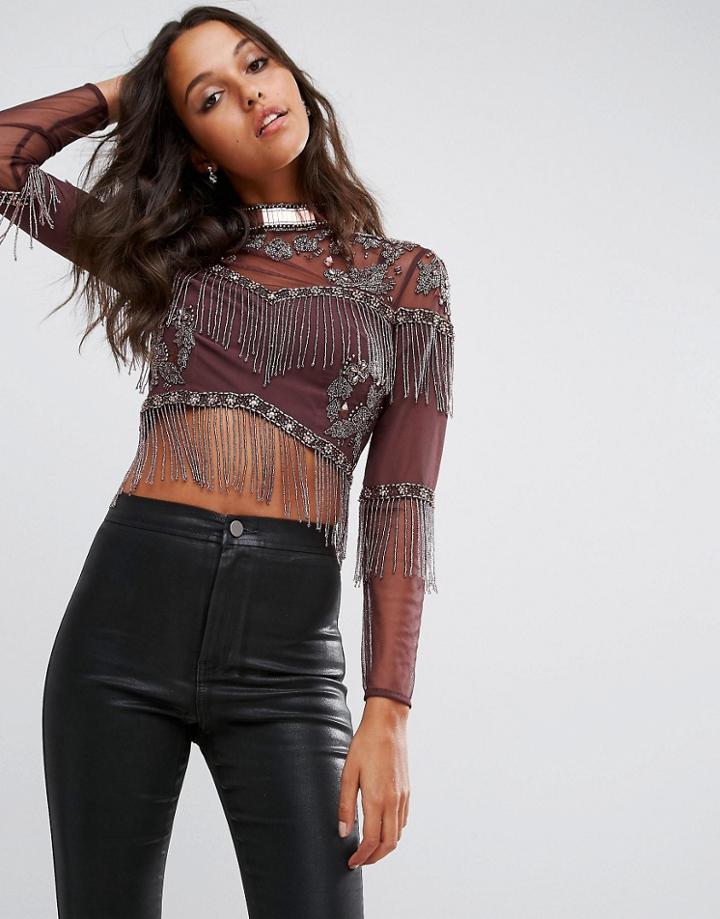 Asos Trophy Embellished Fringed Top - Brown